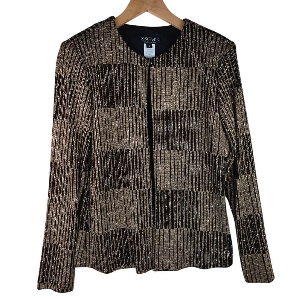 Vintage Xscape Women Cardigan Small Gold Glitter Holiday NYE Party  Striped Open